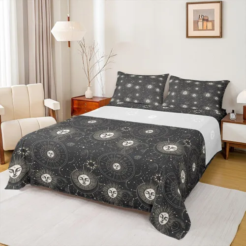 Vista 35 de Erosebridal Juego de sábanas tamaño individual con estampado de luna, diseño de flores de loto, color morado degradado, juego de sábanas orientales