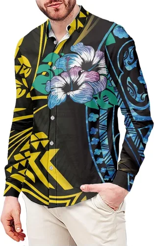 Vista 10 de Camisetas polinesias de manga larga para hombre para hombre, diseño floral de plantas tropicales, camisa con botones en la parte superior
