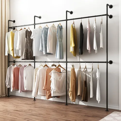Vista 7 de ORSENIGO Perchero industrial de tubería, perchero de ropa de metal resistente con dobles varillas para colgar ropa, perchero de exhibición de ropa