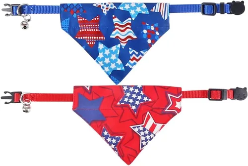 Vista 2 de Collares de Gato del Día de la Independencia con Bandana de Bandera Americana Separable con Campana para Mascotas, Gatito, Ajustable para Perros