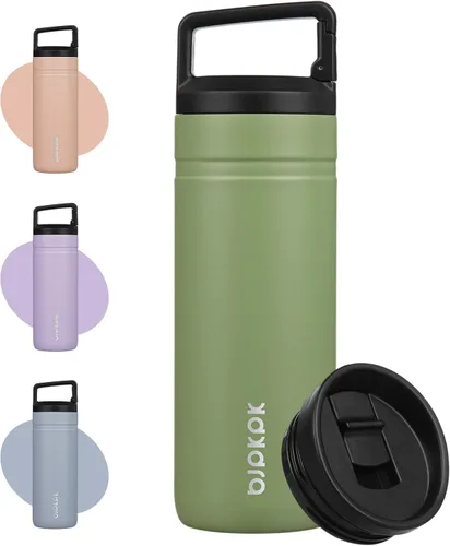 Vista 12 de BJPKPK - Botella de agua aislada con 2 tapas, vaso/taza de viaje de acero inoxidable de 20 onzas con aislamiento al vacío de doble pared, taza