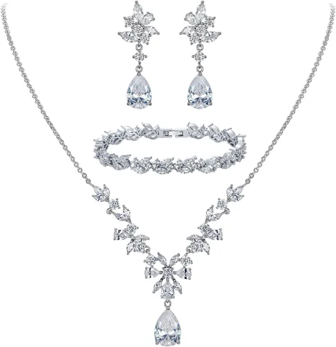 Vista 12 de Wedding Cubic Zirconia Teardrop Necklace Earrings Bracelet Sets for Brides Collar de oro 02-14K+Pendientes+Pulsera