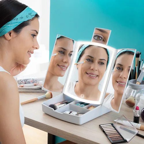 Vista 2 de Espejo LED Plegable con Organizador de Maquillaje 3 en 1 Panomir InnovaGoods