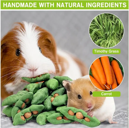 Vista 4 de Fhiny Juguetes masticables de hámster para dientes, 12 piezas de bocadillos de conejillo de indias en forma de Peapods, hierba Timothy natural