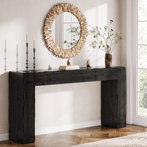 Vista 3 de Mesa Consola de Madera Maciza, Mesa de Sofá Estilo Granja de 63 Pulgadas Detrás del Sofá para Entrada, Sala de Estar, Vestíbulo, Fácil Montaje Negro
