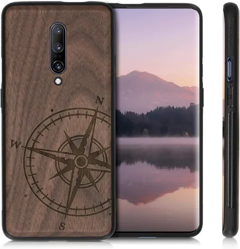Vista 4 de kwmobile Funda de madera compatible con OnePlus 7 Pro - Funda - Brújula de navegación marrón oscuro