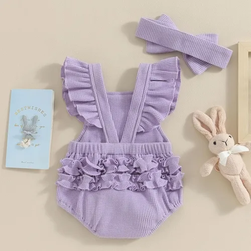 Vista 3 de LAGKIYOJ Trajes de Pascua para bebé niña, con volantes, sin mangas, sin espalda, con burbujas, diadema para bebé, ropa de verano