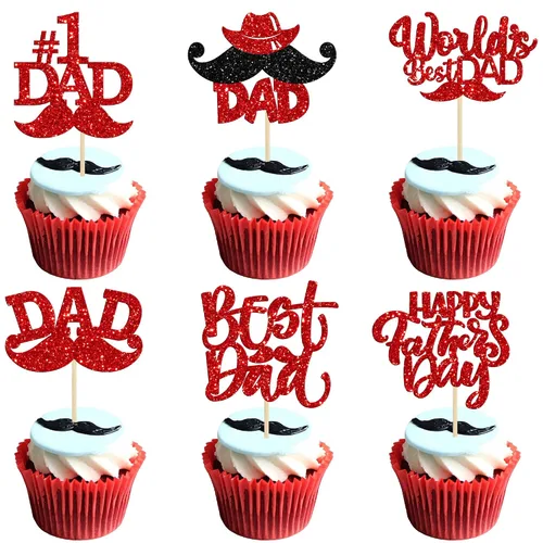 Vista 15 de Gyufise 24 piezas de decoración para cupcakes con bigote con purpurina negra del mundo para el mejor papá del mundo, decoraciones para el Día