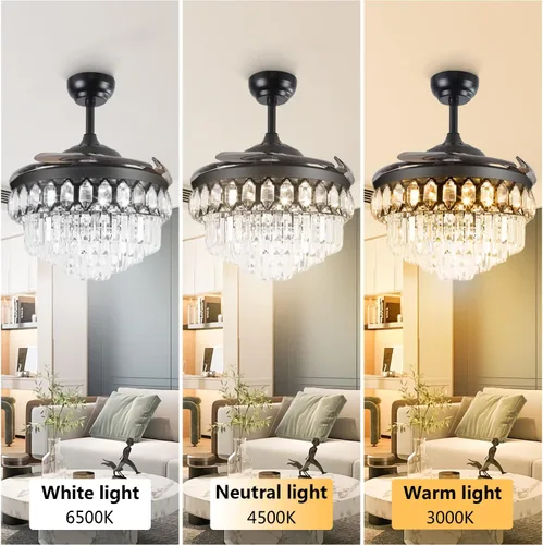 Vista 5 de Ventilador de techo de cristal de 42 pulgadas con aspas retráctiles LED con las cuchillas retráctiles de las luces LED de la lámpara teledirigida