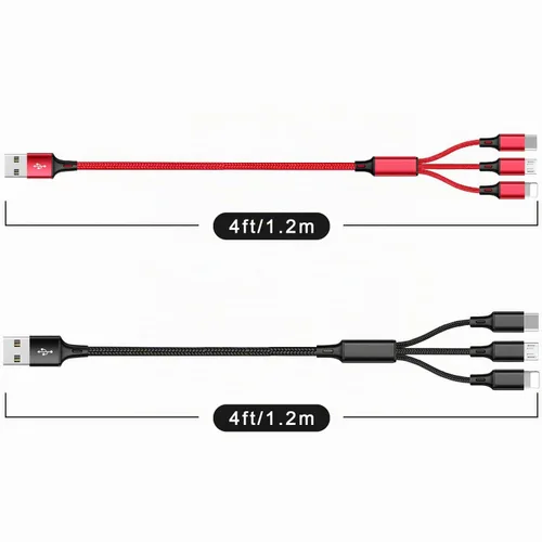 Vista 6 de Cable de carga múltiple, paquete de 2 cables de carga multiteléfono de 4 pies, trenzado, universal, 3 en 1, cable de carga extra largo múltiple USB