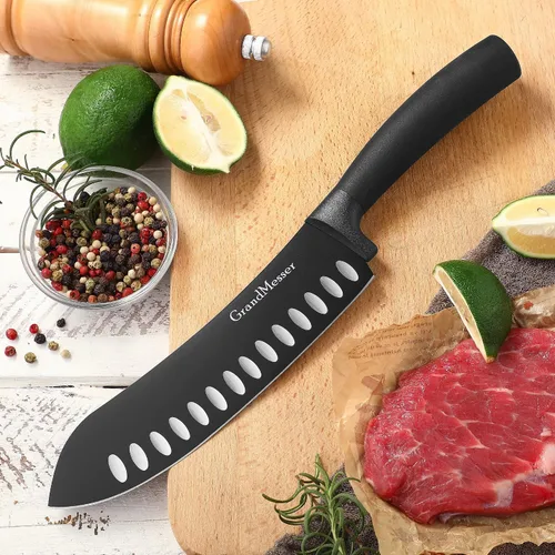 Vista 6 de Cuchillo para cortar carnicero, cuchillo de punta redondeada de 7 pulgadas Black Titanium Nitride Coated, High Carbon German Stainless Steel