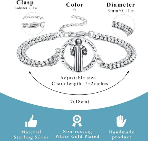 Vista 67 de Pulsera unisex de San Miguel/Cristóbal/Benedicto/Jude/José/Guadalupe/Ángel de la Guarda/Santa Muerte Pulsera de plata de ley 925 con cadena de doble