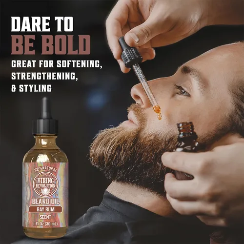 Vista 2 de Viking Revolution Aceite de barba de ron de bahía para hombres, suavizante y acondicionador natural con aceites de argán y jojoba para fortalecer e