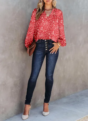 Vista 4 de Dokotoo - Camisetas de gasa para mujer, manga larga con fruncidos, cuello en V, estampado floral, blusa tipo Alicia, estilo casual y bohemio