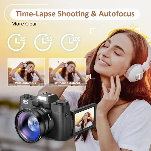 Vista 6 de Cámara digital 4K, cámara de vlogging con WiFi para YouTube, enfoque automático 16X Zoom 48MP Cámaras Fotografía Tarjeta SD de 64 GB, Gran Angular