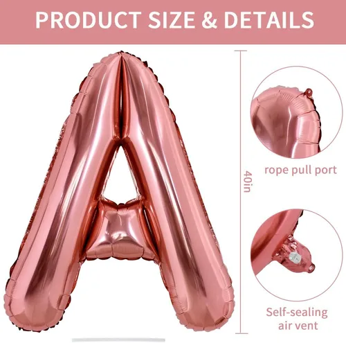 Vista 2 de TONIFUL Globos grandes de 40 pulgadas de oro rosa con la letra A, globos gigantes del alfabeto, globos grandes de Mylar para decoración de fiestas