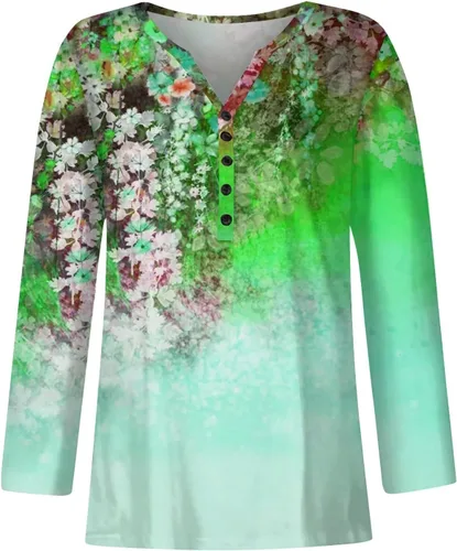 Vista 3 de Camiseta de manga larga con cuello en V para mujer, con botones y estampado de moda, para fiesta, casual