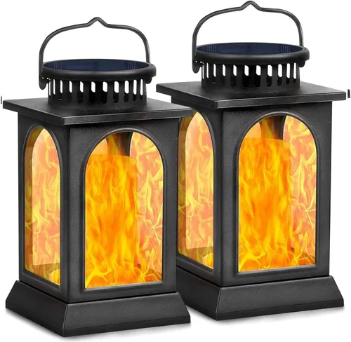 Vista 8 de TomCare Luces solares de metal con llama parpadeante para exteriores, faroles colgantes para exteriores, iluminación decorativa, funciona