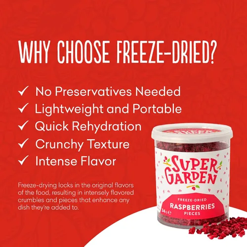 Vista 4 de Super Garden Piezas de fresa y frambuesa liofilizadas, sabrosas y nutritivas trozos de fresa y frambuesa liofilizadas, sin gluten, conservantes ni
