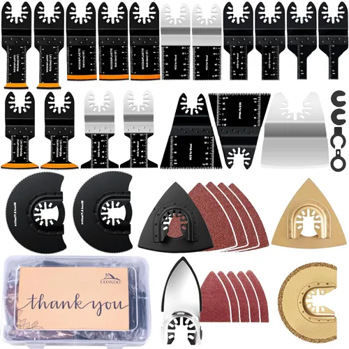 Vista 10 de CONNOO Paquete de 120 hojas de sierra oscilantes, cuchillas oscilantes multiherramienta para madera y plástico, dientes largos japoneses, kits