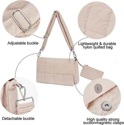 Vista 6 de CLUCI Bolsa de hombro acolchada para mujer, bolsa de mano media ligera de algodón acolchado