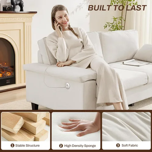 Vista 4 de Sofá de 3 plazas para sala de estar, cómodo sofá de asiento profundo de 79 pulgadas con reposabrazos ajustables y puertos de carga USB/C, moderno