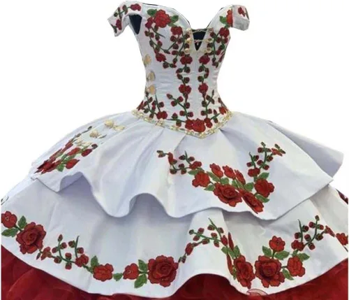 Vista 5 de Adorno dorado 2026 Flores africanas rojas bordadas 2 en 1 vestido de fiesta vestidos de quinceañera fuera del hombro baile de graduación dulce 15 16