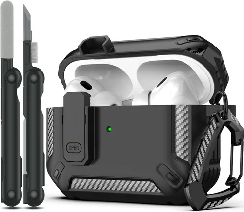 Vista 16 de RFUNGUANGO Funda para AirPod de 2ª generación con kit de limpieza, armadura protectora de carcasa dura militar con bloqueo para funda de carga