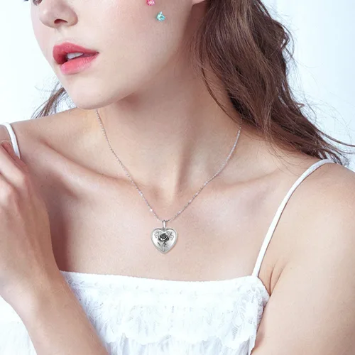 Vista 4 de Cuoka Collar con medallón de corazón de plata de ley 925 con medallón de corazón con foto personalizada para mujer, Plata esterlina, No es una