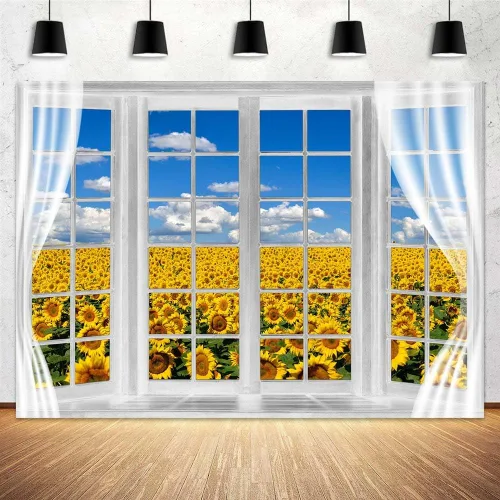 Vista 6 de Telón de fondo de campo de girasol, ventana, paisaje, granja, primavera, flores amarillas, cielo azul, fondo de poliéster de 5 x 3 pies para fotos