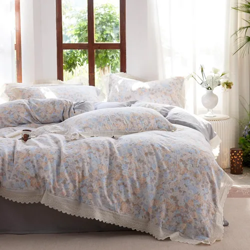 Vista 40 de Juego de funda de edredón blanca con estampado floral azul, juego de ropa de cama de algodón suave estilo bohemio, juego de ropa de cama estética