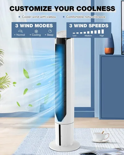 Vista 2 de ARLIME Enfriador de aire evaporativo, ventilador de torre oscilante con control remoto, oscilación de 70°, 3 velocidades y temporizador de 9 horas