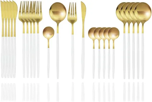 Vista 8 de JASHII Juego de cubiertos de 24 piezas con piezas de servir, utensilios de acero inoxidable, incluye cuchillo, tenedor/cuchara, acabado mate, apto