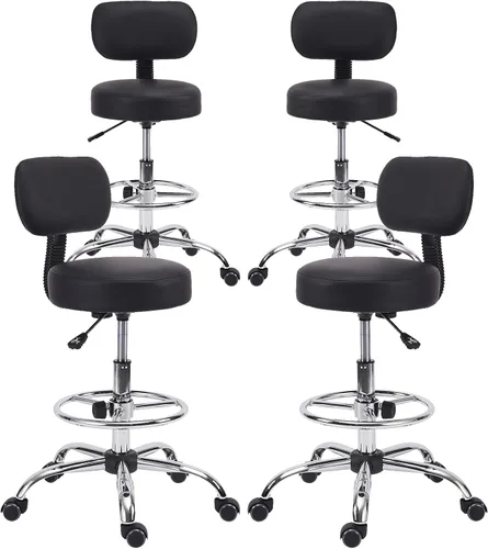 Vista 20 de KLASIKA Taburete con ruedas de respaldo bajo negro, taburetes de tocador de cuero PU, altura ajustable ergonómica giratoria giratoria silla