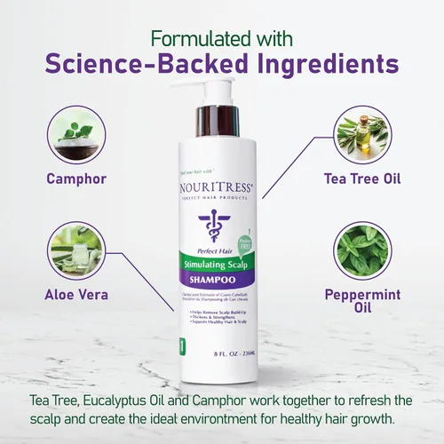 Vista 4 de NouriTress Champú estimulante para el cuero cabelludo, champú para cuero cabelludo seco, promueve el crecimiento del cabello con alcanfor, menta