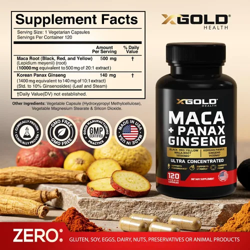 Vista 2 de Cápsulas de raíz de maca 10,000 mg + ginseng coreano Panax 1,400 mg - Extracto concentrado 20x raíz de maca negra + roja + amarilla, extracto