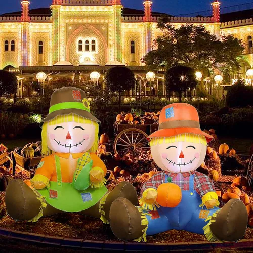 Vista 4 de Lulu Home Decoración inflable de otoño de 3.3 pies, juego de 2 espantapájaros soplados con aire para parejas con luces LED integradas para cosecha