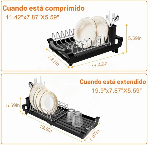 Vista 2 de Estante para secar platos compacto y expandible - Un escurridor de platos de acero inoxidable, resistente a la oxidación, que ahorra espacio