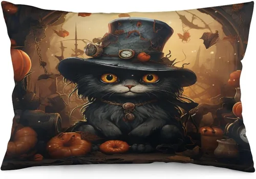 Vista 15 de Funda de almohada con sombrero de bruja con diseño de gato de 20 x 30 pulgadas, diseño de impresión de doble cara con cremallera invisible, Patrón 8