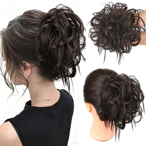 Vista 39 de HMD - Extensiones de cabello tipo chongo alborotado con rodelo despeinado, banda elástica de goma, extensiones de cabello sintético para mujer 12H24