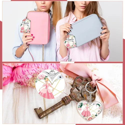 Vista 4 de Sureio 38 juegos de recuerdos de fiesta de quinceañera para invitados, llavero de corazón rosa, regalos de quinceañera para niña, princesa