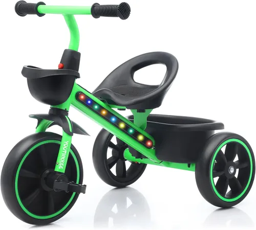 Vista 8 de Triciclo para niños con luces LED coloridas para niños pequeños de 1 a 3 años, diseño estable de 3 ruedas y canasta de almacenamiento para paseos