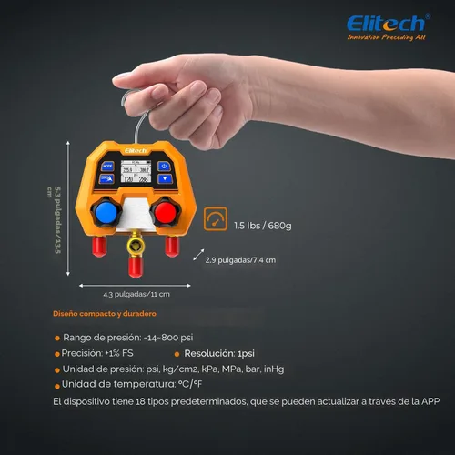 Vista 7 de Elitech Manómetro Digital de Colector para Sistemas HVAC, Refrigeración y Aire Acondicionado - Soporta Refrigerantes R410A/R454B/R134, Medición