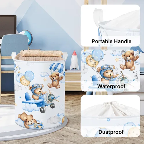 Vista 4 de Clastyle Cesta grande de 45 L con asa plegable para almacenamiento de juguetes con tapa para guardería y niños, con diseño de oso azul