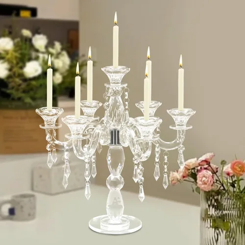 Vista 7 de Candelabros de cristal de 7 brazos, modernos centros de mesa transparentes para mesas, portavelas vintage para el hogar, centros de mesa, bodas