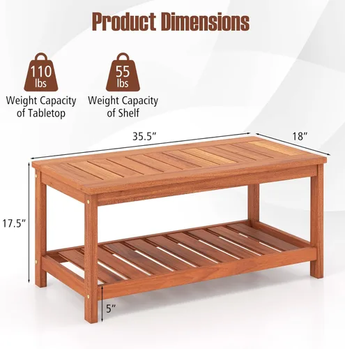 Vista 3 de HAPPYGRILL Mesa auxiliar de patio, mesa auxiliar de doble nivel con estructura de madera maciza, mesa de listones y estante, mesa de centro