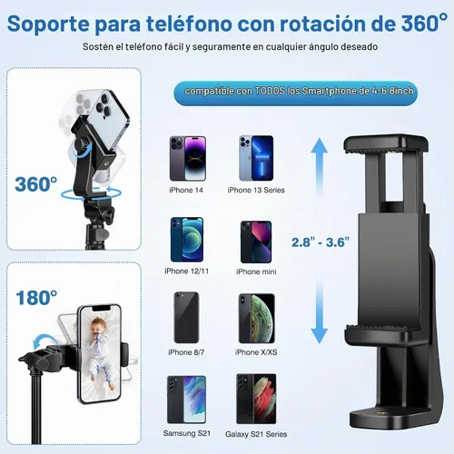 Vista 4 de Trípode de teléfono de 70 pulgadas con control remoto y soporte, soporte portátil para teléfono celular, palo selfie para grabación de video