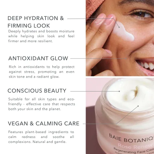 Vista 3 de Baie Botanique Crema facial orgánica e hidratante facial natural – Crema antienvejecimiento para mujeres y hombres con agua de rosas, rosa mosqueta