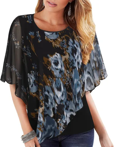 Vista 10 de Lotusmile Blusas elegantes de gasa tipo poncho para mujer 25 impresiones punto negro
