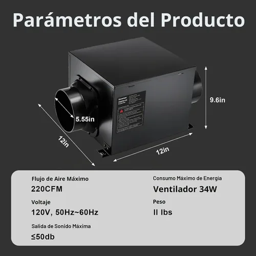 Vista 3 de GROWNEER - Ventilador de escape de baño en línea de 15 cm, ventilador de ventilación de 220 CFM con control remoto, ventilador de techo de 5